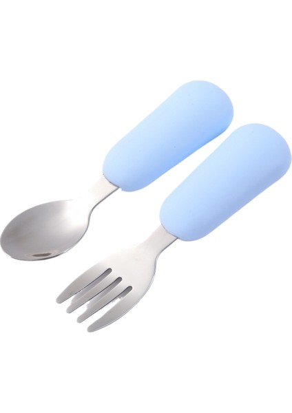 Çocuk Çatal ve Kaşık Seti Bebek Çatal ve Kaşığı Kısa Saplı Paslanmaz Çelik Silikon Çatal ve Kaşık Bebek Tamamlayıcı Gıda Çatal Kaşık (Yurt Dışından)