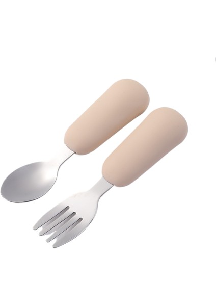 Çocuk Çatal ve Kaşık Seti Bebek Çatal ve Kaşığı Kısa Saplı Paslanmaz Çelik Silikon Çatal ve Kaşık Bebek Tamamlayıcı Gıda Çatal Kaşık (Yurt Dışından)