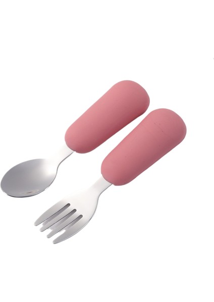 Çocuk Çatal ve Kaşık Seti Bebek Çatal ve Kaşığı Kısa Saplı Paslanmaz Çelik Silikon Çatal ve Kaşık Bebek Tamamlayıcı Gıda Çatal Kaşık (Yurt Dışından)