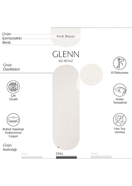 Glenn 610 Beyaz Oval Yolluk Uzun Antre Hol Koridor Halısı Hasır Dokulu Dekoratif Jüt Banyo Paspası