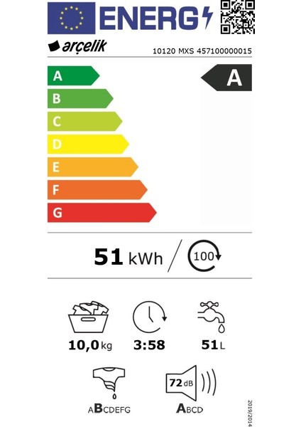 10120 Mxs A Enerji Sınıfı 1200 Devir 10 kg Çamaşır Makinesi