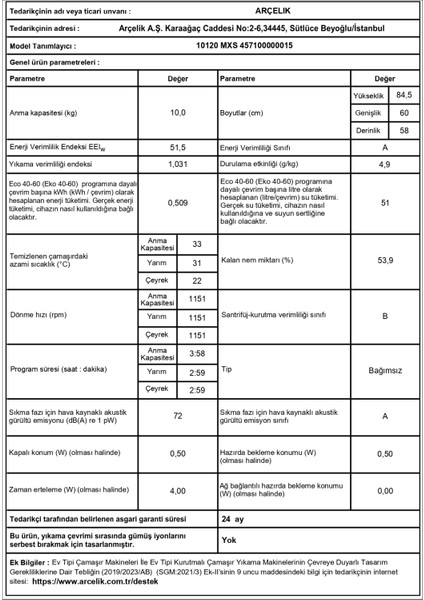 10120 Mxs A Enerji Sınıfı 1200 Devir 10 kg Çamaşır Makinesi