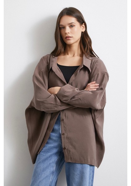 Oversize Cepli Modal Gömlek Lacivert