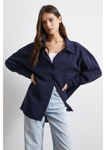 Oversize Cepli Modal Gömlek Lacivert