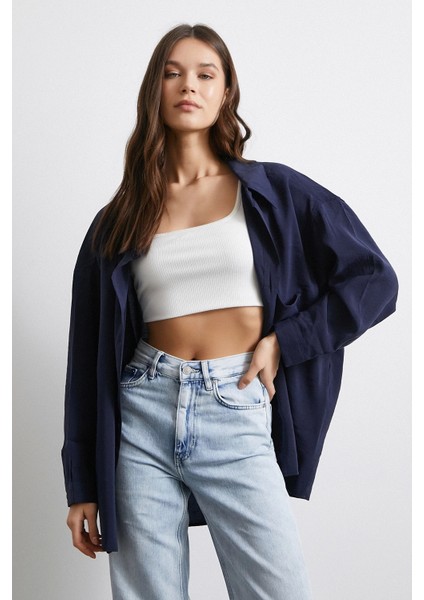 Oversize Cepli Modal Gömlek Lacivert