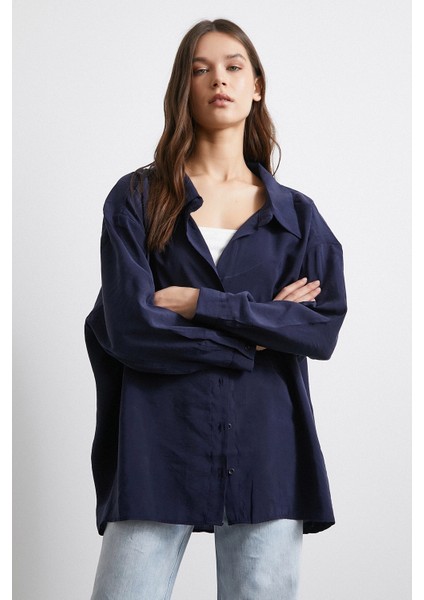 Oversize Cepli Modal Gömlek Lacivert