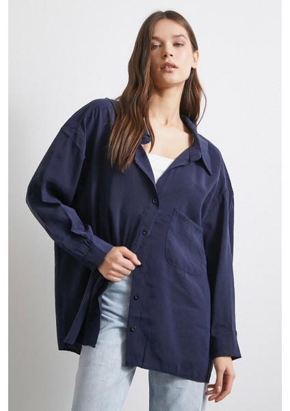 Oversize Cepli Modal Gömlek Lacivert