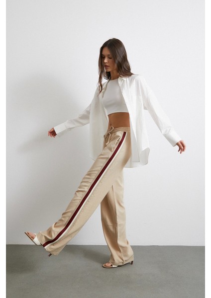 Beli Lastikli Çift Şeritli Pantolon Bej