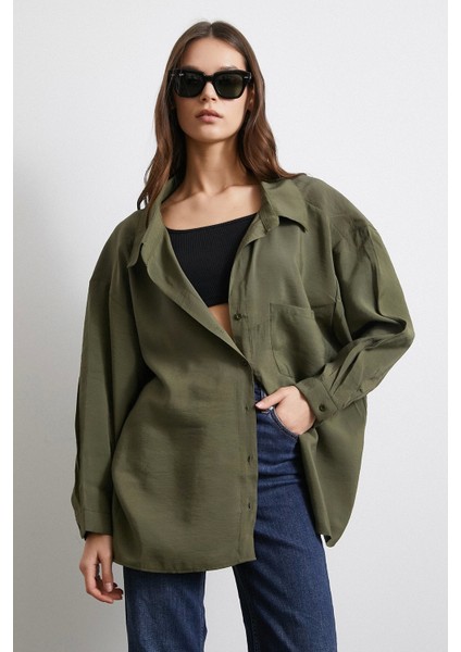 Oversize Cepli Modal Gömlek Lacivert