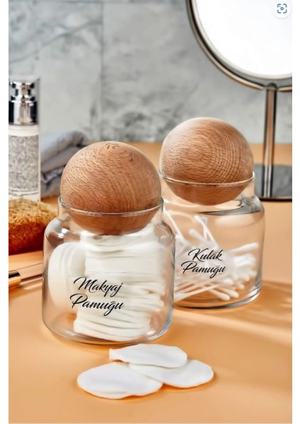Cam Dekoratif Top Kapaklı Makyaj Pamuğu ve Kulak Pamuğu Kavanozu 500 ml Organizer Büyük Boy