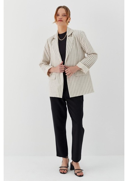 Çizgili Keten Blazer Ceket Natural