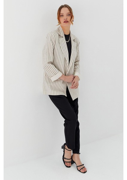 Çizgili Keten Blazer Ceket Natural modelleri