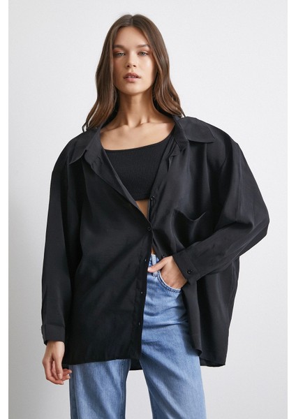 Oversize Cepli Modal Gömlek Lacivert