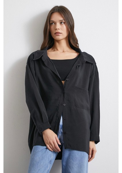Oversize Cepli Modal Gömlek Lacivert
