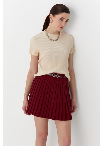 Pileli Mini Etek Bordo