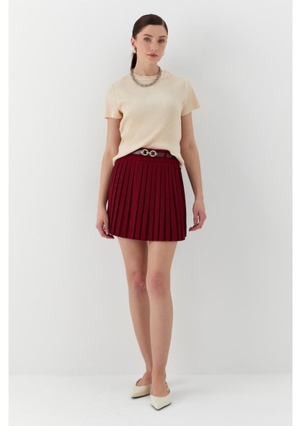 Pileli Mini Etek Bordo