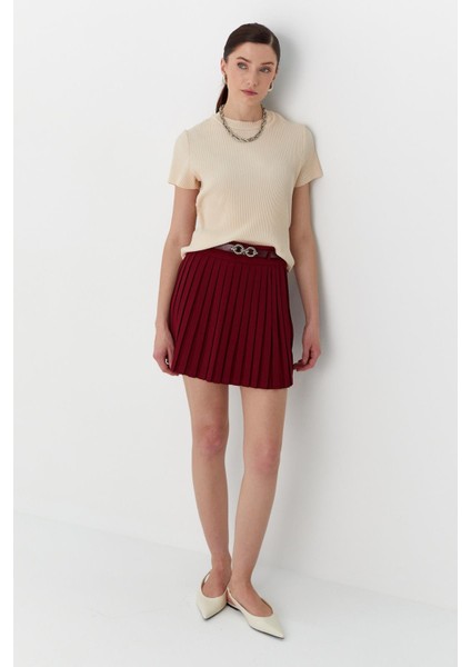 Pileli Mini Etek Bordo