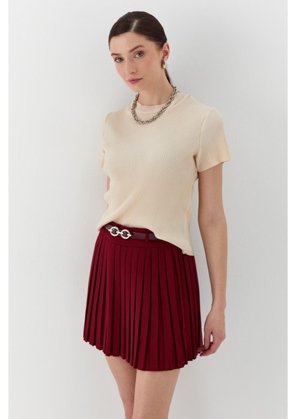 Pileli Mini Etek Bordo