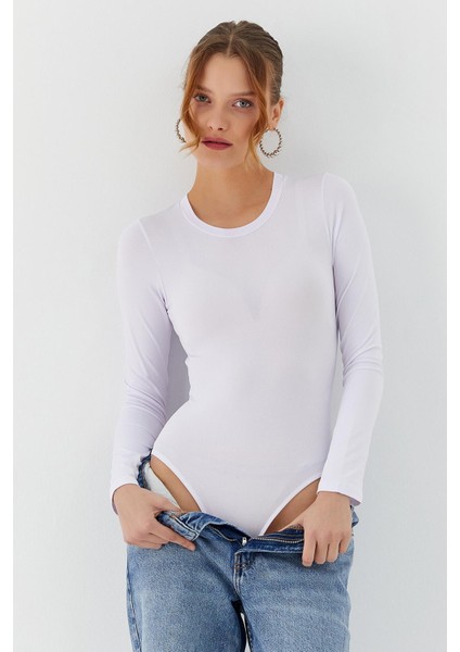 Uzun Kol Çıtçıtlı Body Beyaz