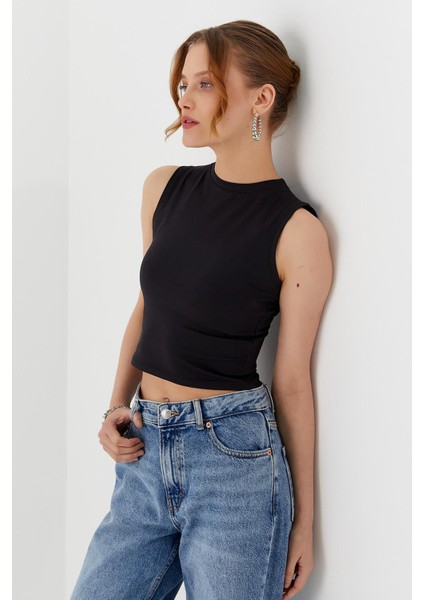 Sıfır Kol Crop Bluz Sıyah