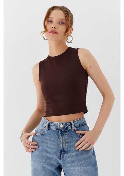 Sıfır Kol Crop Bluz Kahve