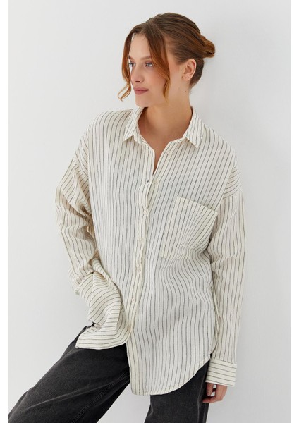 Oversize Çizgili Müslin Gömlek Natural