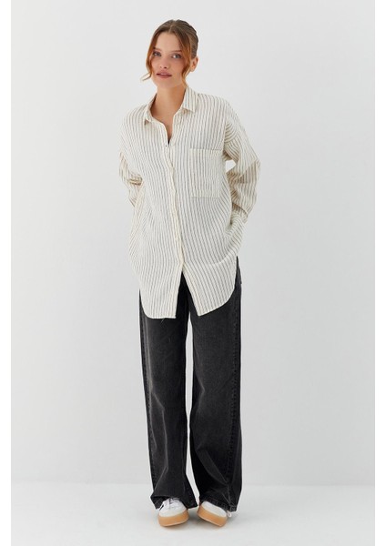 Oversize Çizgili Müslin Gömlek Natural modelleri