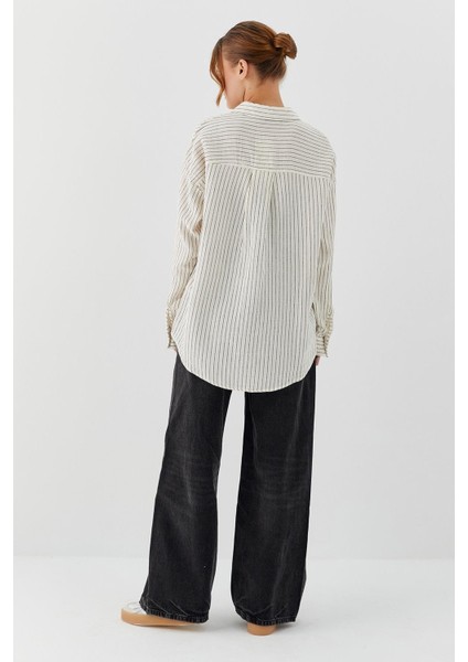 Oversize Çizgili Müslin Gömlek Natural indirimleri