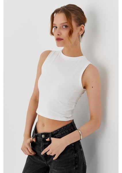Sıfır Kol Crop Bluz Beyaz