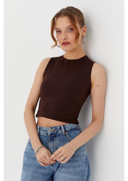 Sıfır Kol Crop Bluz Kahve