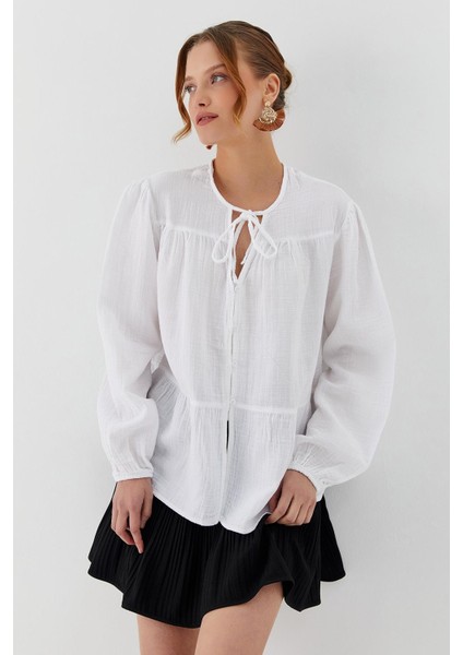 Bağlamalı Müslin Gömlek Beyaz