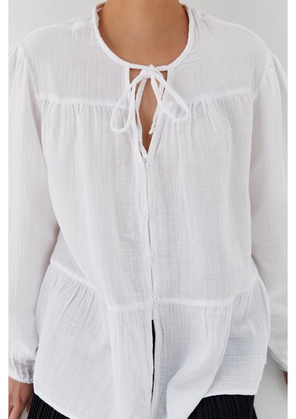 Bağlamalı Müslin Gömlek Beyaz fırsatları
