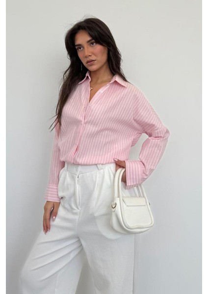 Pembe Çizgili Kadın Gömlek MG2410