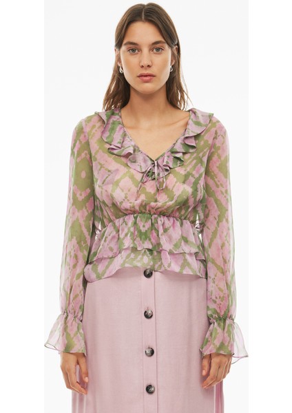 Albanis Regular Fit Geometrik Desenli Standart Boy Takma Kol V-Yaka Pembe Renk Kadın Bluz