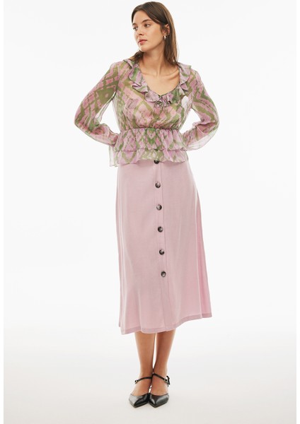 Albanis Regular Fit Geometrik Desenli Standart Boy Takma Kol V-Yaka Pembe Renk Kadın Bluz fiyatları