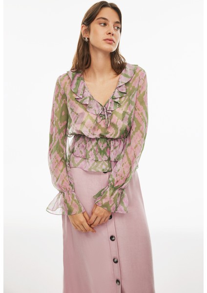 Albanis Regular Fit Geometrik Desenli Standart Boy Takma Kol V-Yaka Pembe Renk Kadın Bluz modelleri