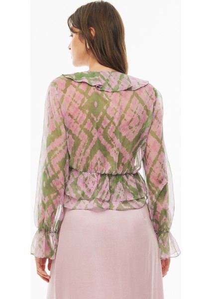 Albanis Regular Fit Geometrik Desenli Standart Boy Takma Kol V-Yaka Pembe Renk Kadın Bluz fırsatları