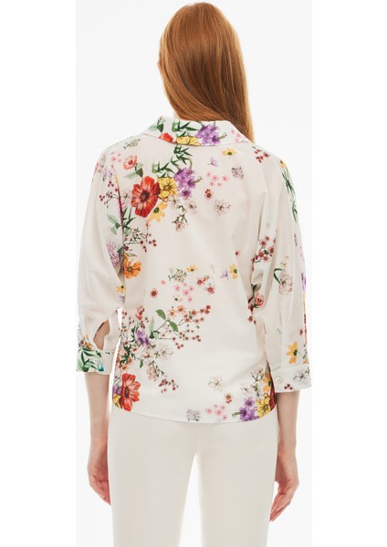 Flower Regular Fit Ara Boy Yarasa Kol V-Yaka Çok Renkli Kadın Bluz