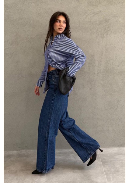 Lacivert Çizgili Kadın Gömlek Uzun Kol Günlük Tarz 65% Pamuk 35% Polyester fiyatları