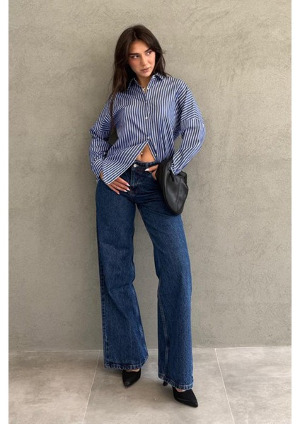 Lacivert Çizgili Kadın Gömlek Uzun Kol Günlük Tarz 65% Pamuk 35% Polyester modelleri