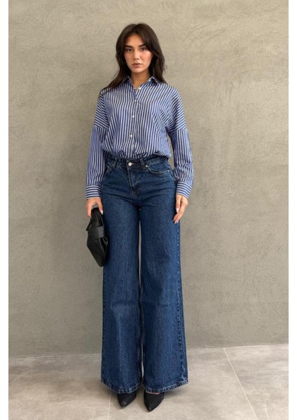 Lacivert Çizgili Kadın Gömlek Uzun Kol Günlük Tarz 65% Pamuk 35% Polyester fırsatları