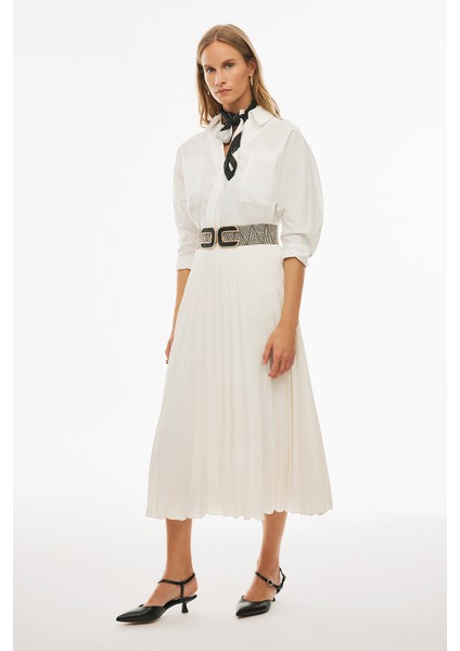 Elonias Regular Fit Midi Boy Bej Renk Etek