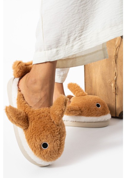 Kadın Kalın Tabanlı Içi Kürklü Sıcak Astarlı Köpek Balığı Figürlü Ev Terliği Sessiz Taban