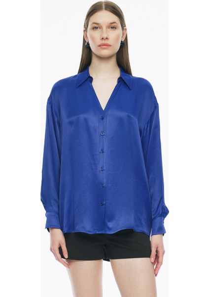 Clarys Regular Fit Standart Boy Takma Kol V-Yaka Bej Renk Kadın Gömlek