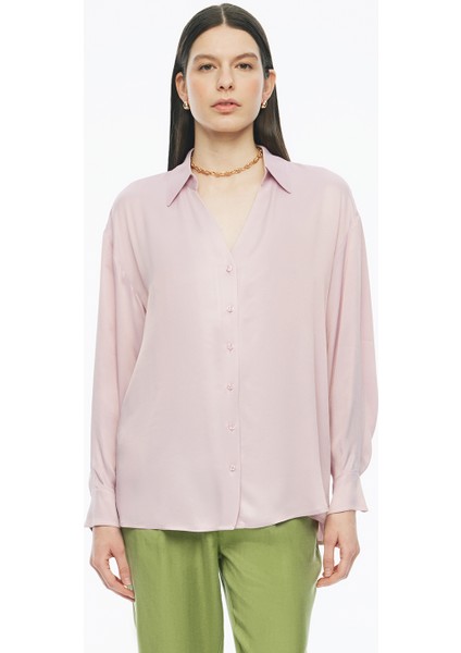 Clarys Regular Fit Standart Boy Takma Kol V-Yaka Pembe Renk Kadın Gömlek