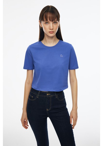 Kelins Regular Fit Crop Boy Bisiklet Yaka Pembe Renk Kadın Tişört