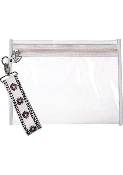 Beyaz Papatya Desenli Su Geçirmez Mayo Çantası Organizer Şeffaf Makyaj Çantası 27X21CM