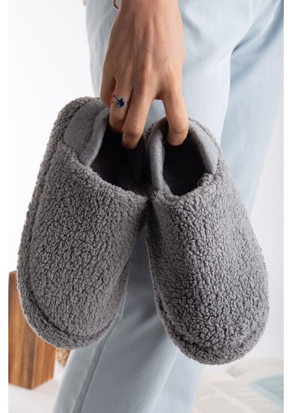 Kuzu Kumaş Yünlü Sessiz Taban Lastikli Kadın Ev Ayakkabısı Ev Botu Panduf