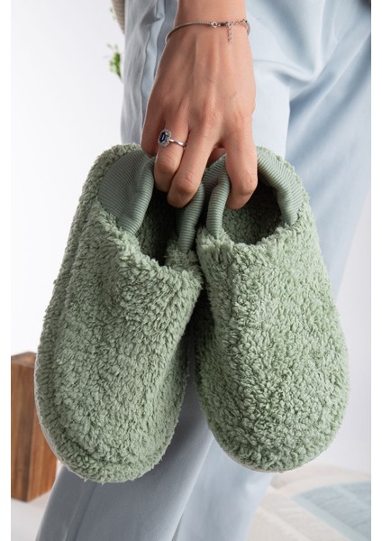 Kuzu Kumaş Yünlü Sessiz Taban Lastikli Kadın Ev Ayakkabısı Ev Botu Panduf