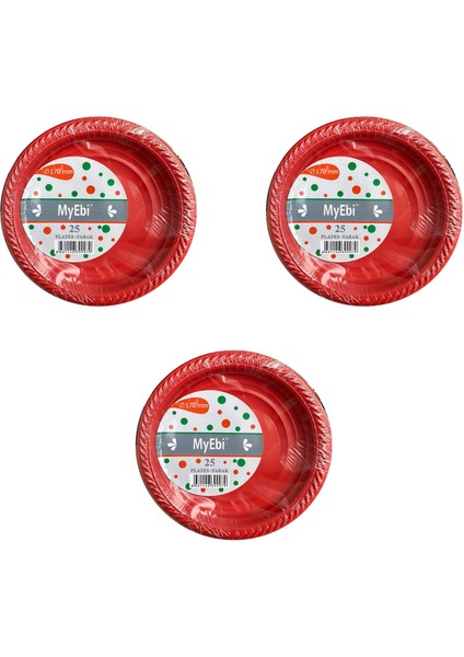 My-Ebi Kırmızı Renkli Parti Davet Plastik Tabak - 17 Cm. - 25 Adetlik 3 Paket